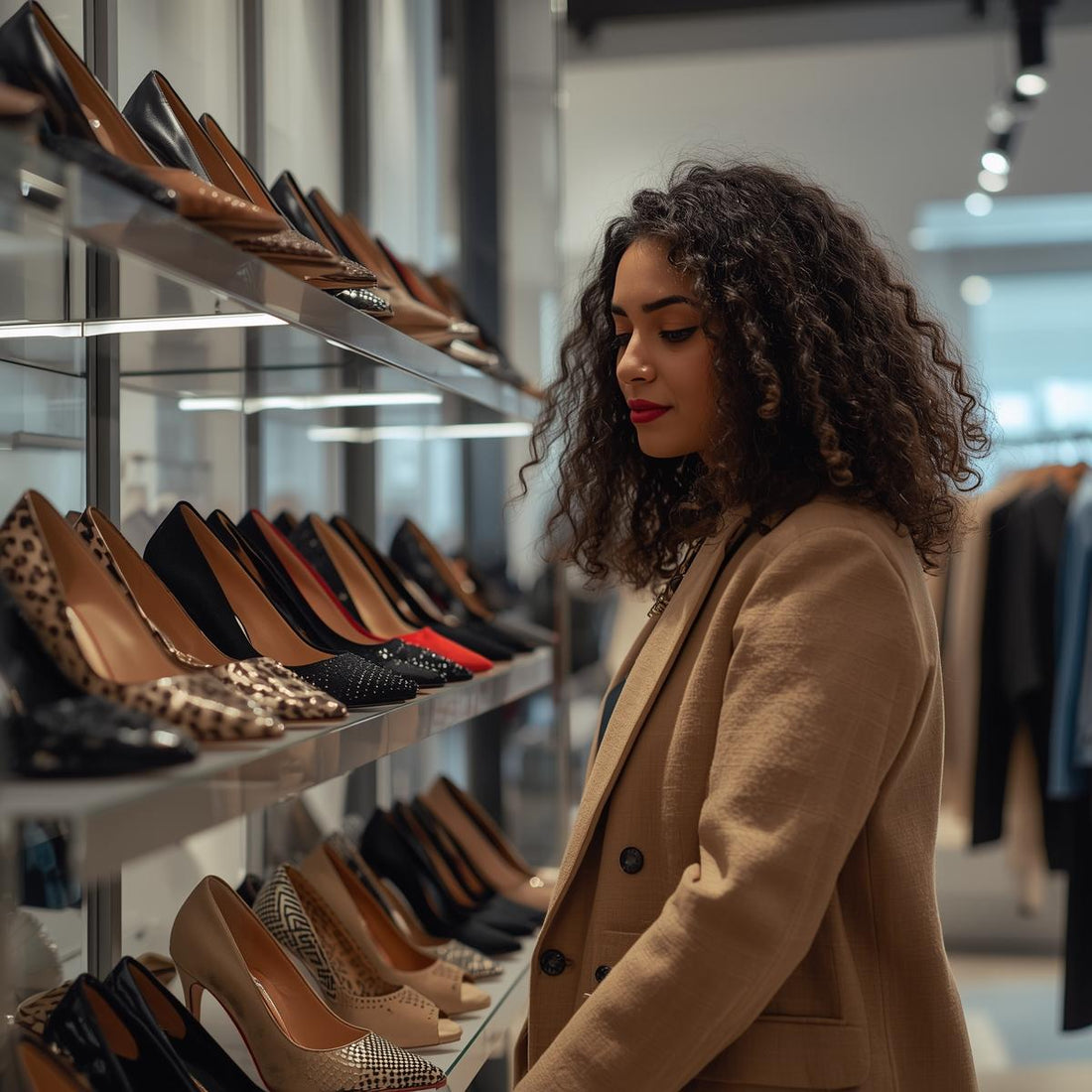 Femme essayant des escarpins élégants dans la boutique Trendy à Paris 17e – guide pour choisir ses escarpins parfaits