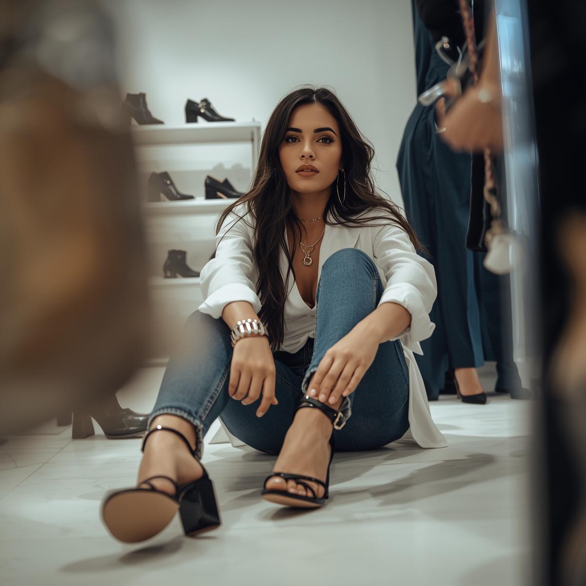 Femme essayant des chaussures élégantes dans la boutique Trendy Paris 17eme